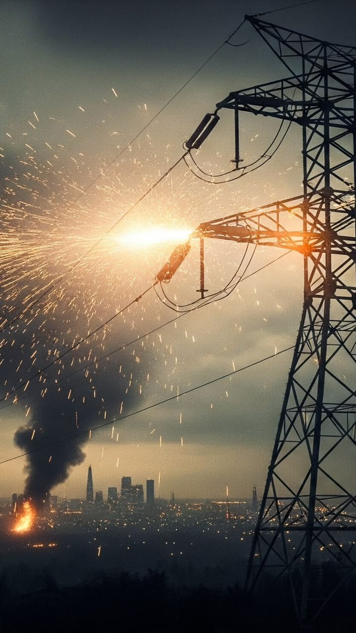 A high-voltage transmission tower with a flash and sparks on the line at dusk